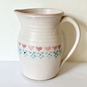 Pink‎ hand thrown pottery pitcher with hearts & flowers stamped MC made In  CO